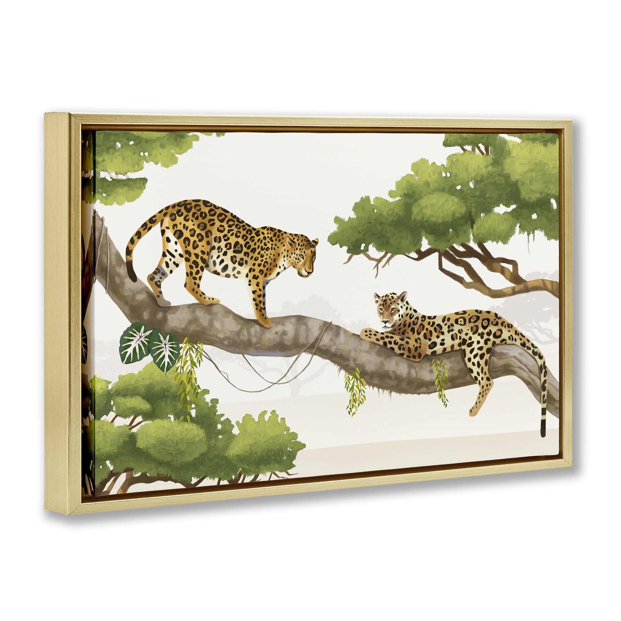 Stupell Industries Leopards Prowling on Branch Animals & Insects Painting Gold Floater Framed Canvas Art Print Wall Art, 31 x 21