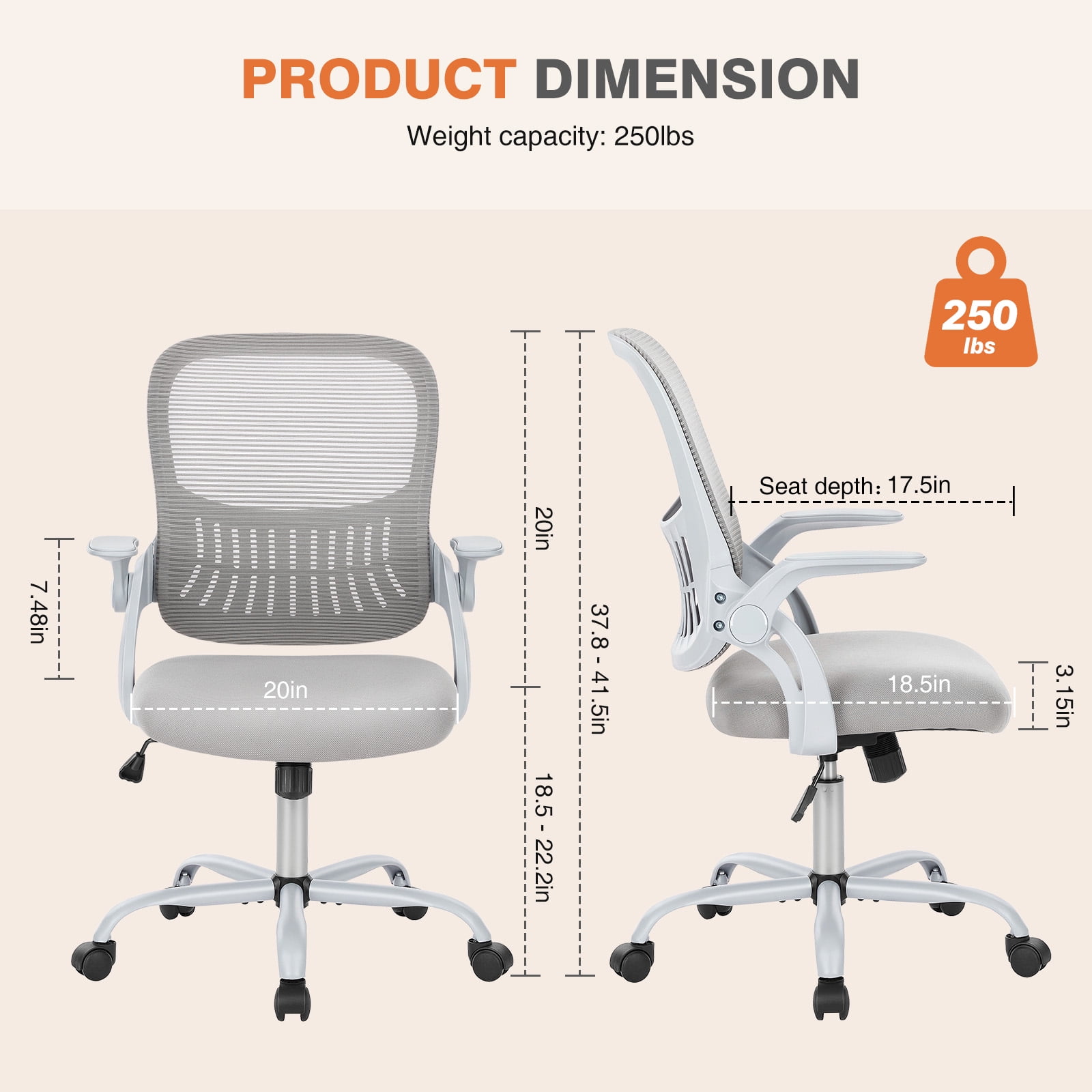 MCQ Home Ergonomic Office Chair with Adjustable and Flip-up Armrest,Heavy Duty Desk Chair with Lumbar Support, Grey