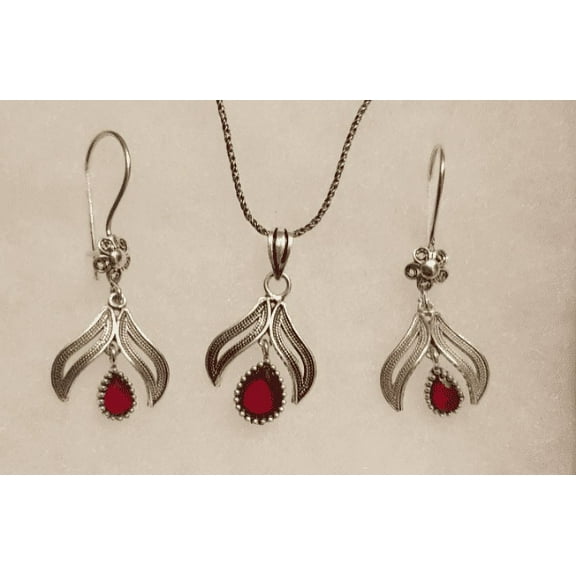 Fine Silver Leaf Necklace & Earrings Jewelry Set for Women in Ruby on Genuine 925 Sterling Silver