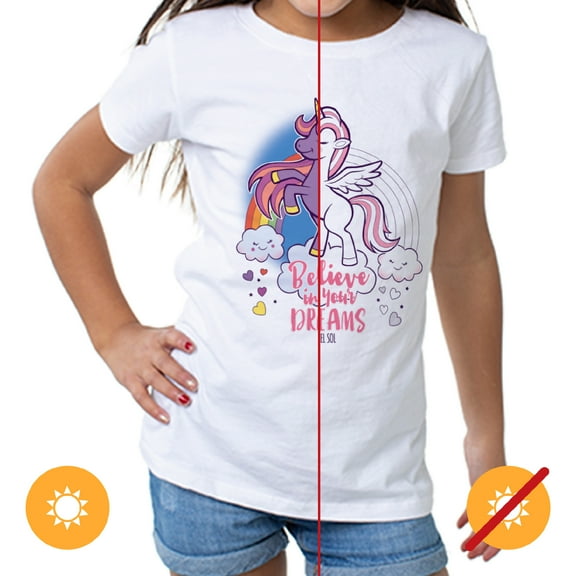 Del Sol Toddler Girls Crew Tee - Believe, White T-Shirt - Changes from Pink & White to Vibrant colors in the Sun - 100% Combed, Ring-Spun Cotton, Short Sleeve