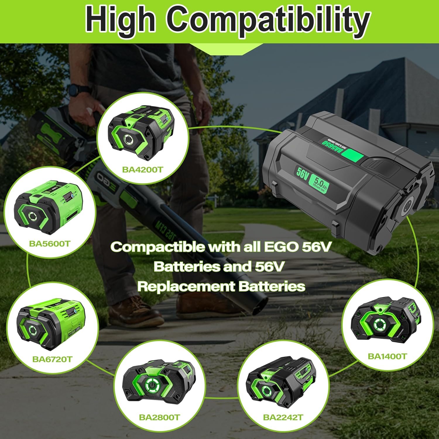 56V 5.0Ah Replacement for EGO Power+ Battery BA2800 BA4200 BA1400，Compatible with All 56V Ego Power Tools CS1604 CS1804 CS1403 HT2400 LB5804 LB6500 HTA2000 STA1500 PH1400 PSA1000 CH2100
