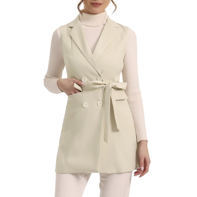 INSPIRE CHIC Blazer Long Sans Manches à Col à Revers pour Femmes, Double Poitrine, Abricot TG
