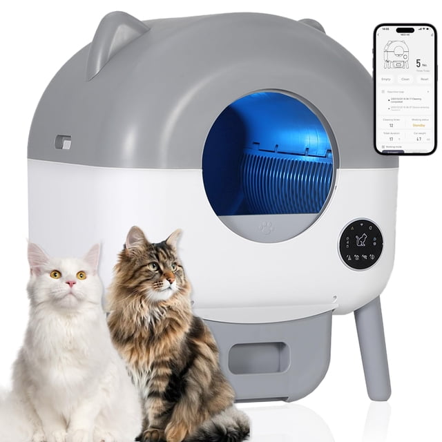 Automatic Self Cleaning Litter Box, Extra Large Automatic Cat Litter Box Self Cleaning Robot for Cats, Smart Safety Sensors-App Control-Low Noise, Washable Tray, 20 pcs Trash Bag, Light Gray