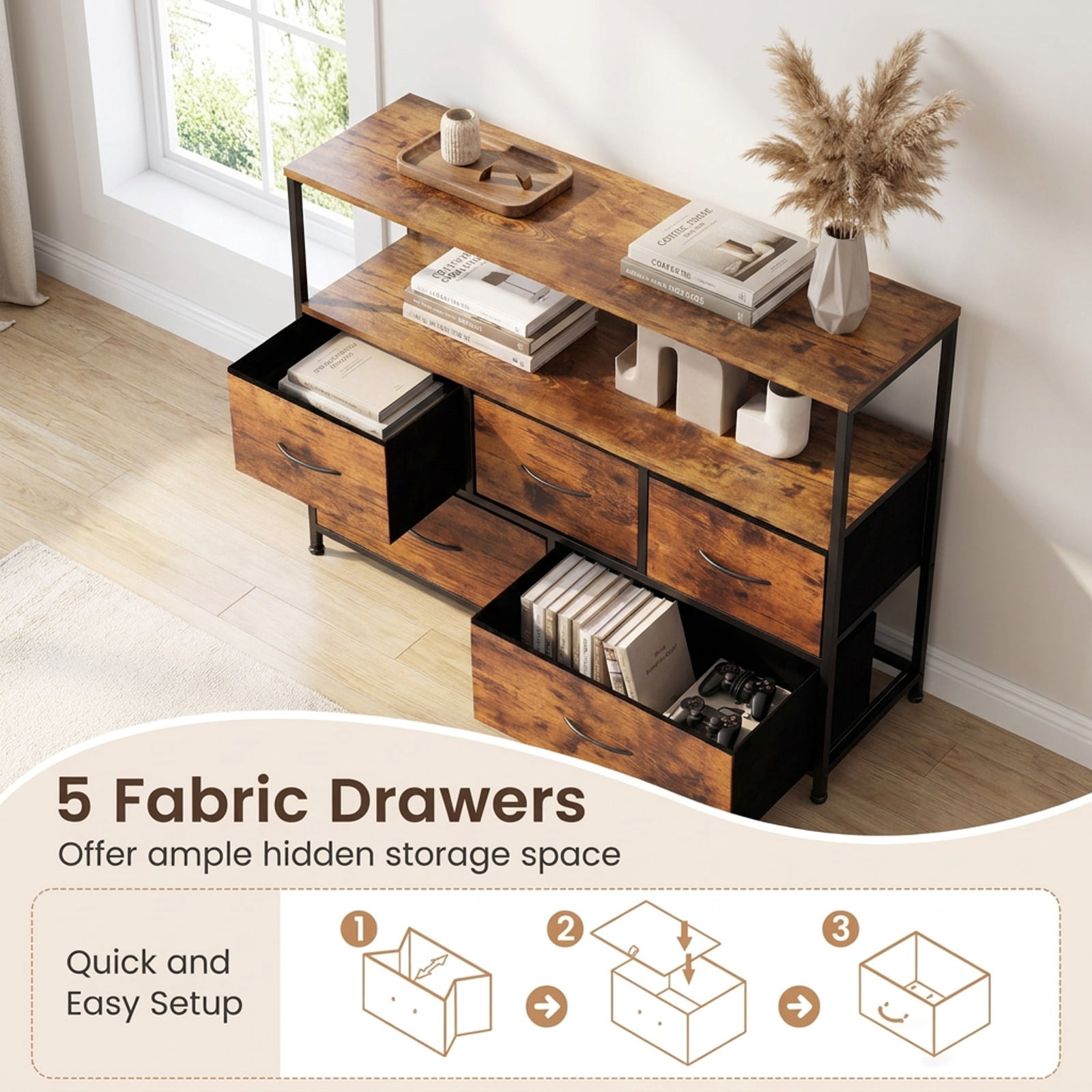Furnibear TV Stand Dresser Entertainment Center for 45 Inch TV with 5 Fabric Drawers and Open Storage Shelf for Living Room Bedroom, Brown
