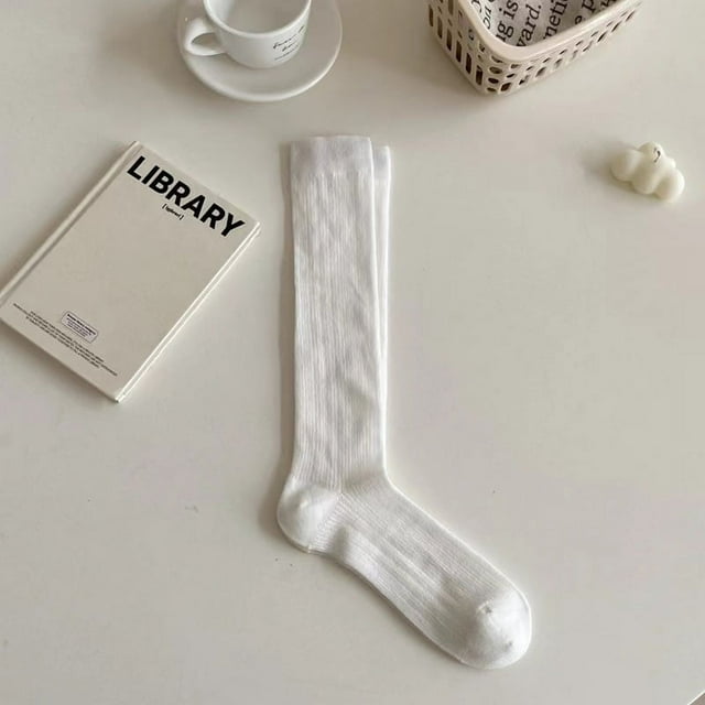 Nvzi 3 pares de calcetines casuales de tubo de algodón hasta la rodilla para mujer, calcetines largos hasta la rodilla de punto sólido, regalo para toda la temporada, elásticos, suaves (blancos)