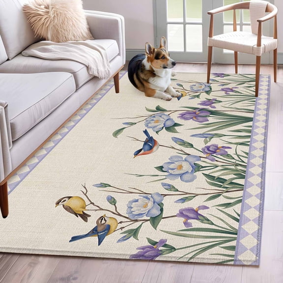 3'x5' Rug for Living Room Bedroom, Spring Flowers Washable Area Rugs Non-Slip Carpet Mats, Vintage Floral Leaves Birds Farmhouse Plaid Indoor Low Pile Area Rug Runner for Kitchen, Mudroom