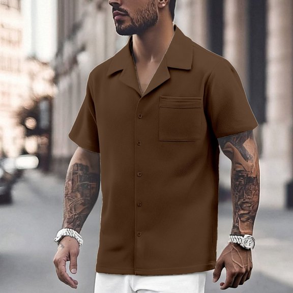 Mens Button Down Short Sleeve Shirt Casual Lightweight Stretch Shirts Loose Comfortable Beach Summer Clothing Coffee Size XXL