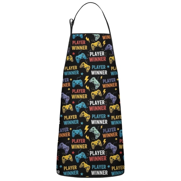 Multicolor Controllers Games Text Black Apron-Garden Aprons for Women with Pockets-Cotton Linen Waterproof Kitchen Cooking Gardening Aprons Adjustable for Kitchen,Cooking,BBQ and Salon 33x27 Inch
