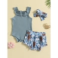 thumbnail image 2 of Cenuakty Baby Girls 3PCS Romper Sets Solid Color Ribbed Romper and Floral Cattle Head Print Shorts Sets Summer Outfit with Headband, 2 of 9