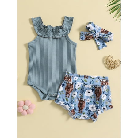 

Peyakidsaa Newborn Baby Girl Sleeveless Ruffle Straps Romper Bodysuit Tops+Bloomers Shorts Set