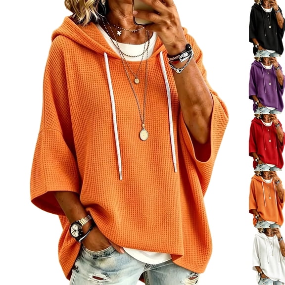 Hooded Drawstring Waffle Knit Pullovers for Women Oversized 3/4 Length Sleeve Loose Fit Hoodies Soft Lightweight Casual Sweatshirts Tops,M,Saffron