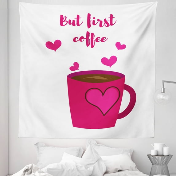 But First Coffee Tapestry, Calligraphic Concept with Hand Drawn Text and Hearts, Fabric Wall Hanging Decor for Bedroom Living Room Dorm, 5 Sizes, Hot Pink Dark Cocoa, by Ambesonne