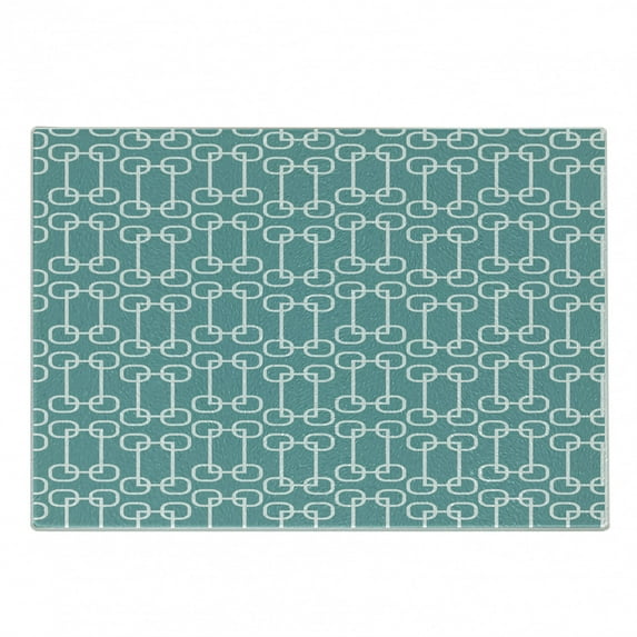 Turquoise Cutting Board, Vintage 60s Home Design Inspired Retro Squares and Circles Tile Like Image, Decorative Tempered Glass Cutting and Serving Board, Small Size, Teal and White, by Ambesonne