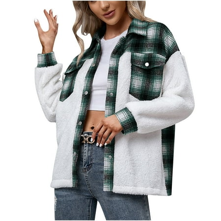 

PRINxy Women Jackets Plaid Wollen Loose Jacket Button Long Sleeve Pocket Coat Caual Lapel Tops For Women Oversize Blouse Green XL