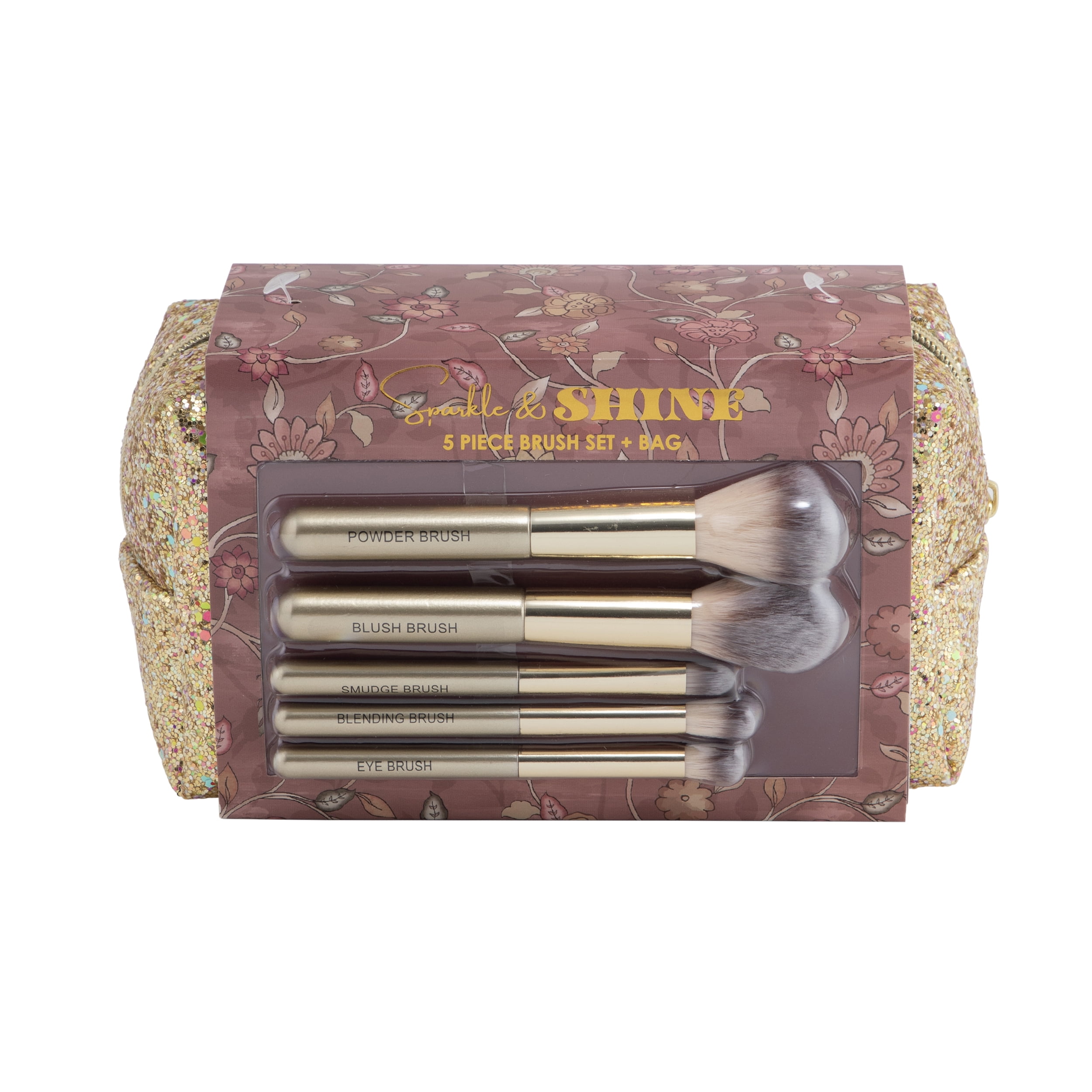 Sparkle and Shine Makeup Brush Set with Bag, Gold, 6 Pieces