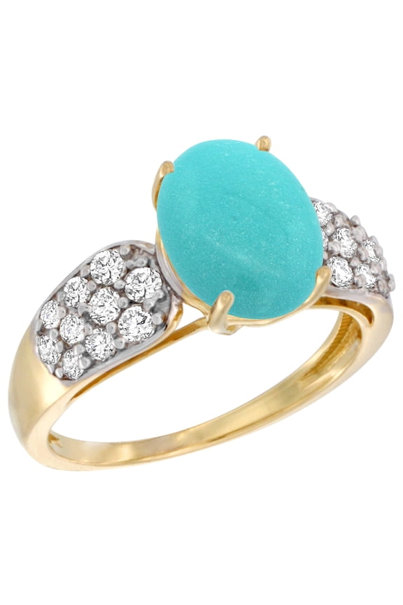 14k Yellow Gold Natural Turquoise Ring Oval 10x8mm Diamond Accent, 7/16inch wide, size 9