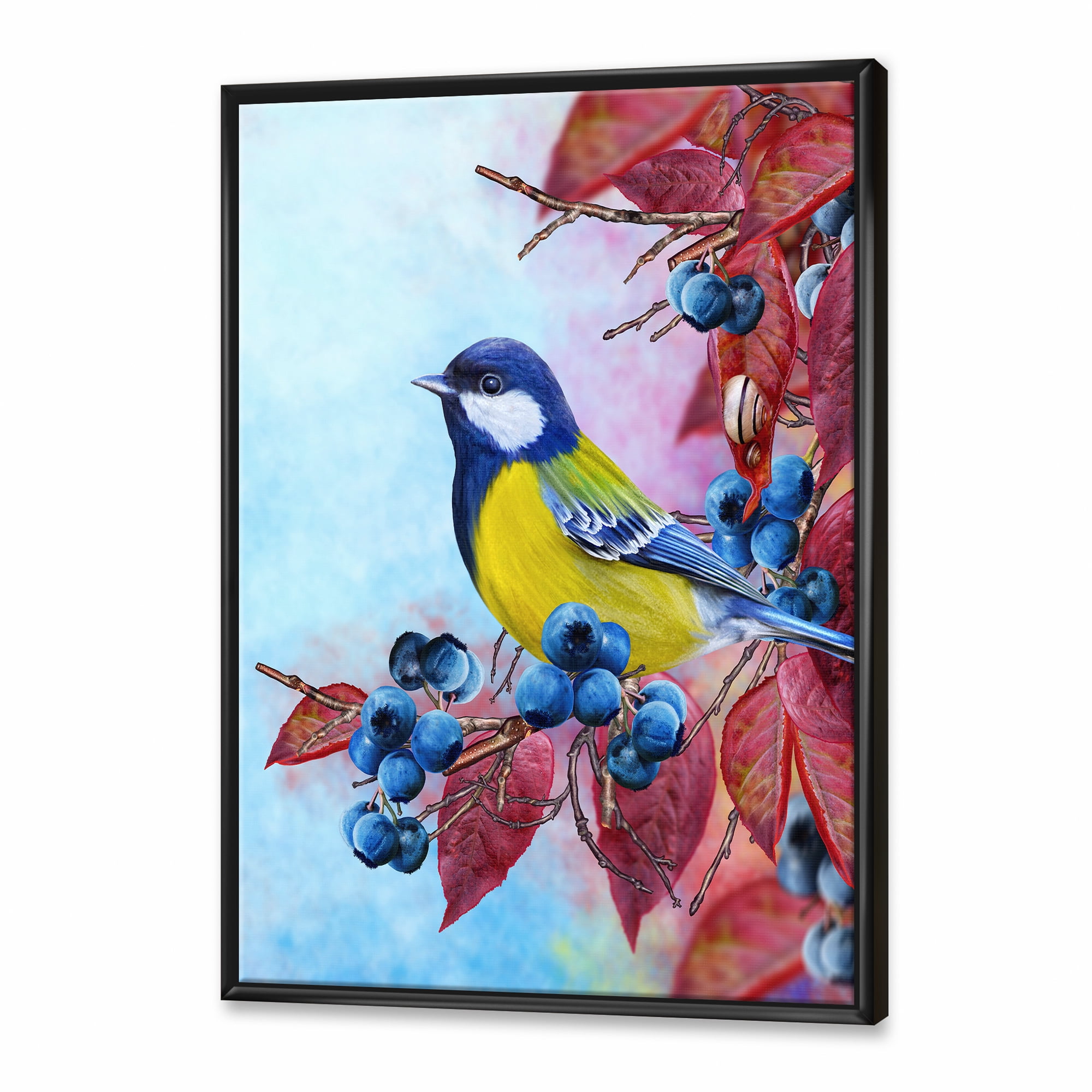 Designart 'Bright Bird Bullfinch Sitting On A Branch of Berries II' Traditional Framed Canvas Wall Art Print