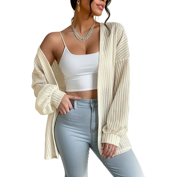 Women'S Lantern Long Sleeve Cardigan Loose Knitted Jacket Cream White M