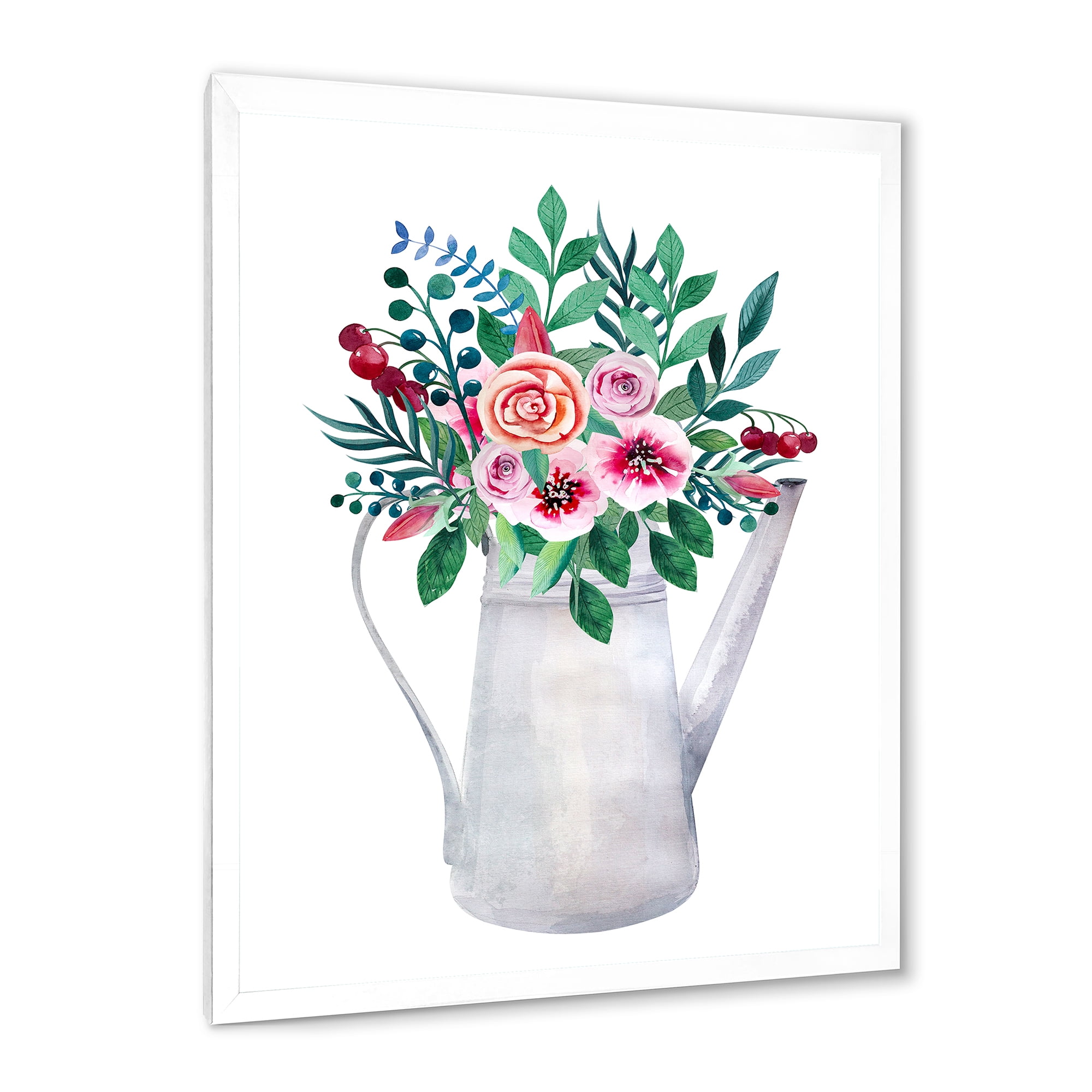Bouquets of Flowers In Rustic Flowering Pot With Berries 24 in x 32 in Framed Painting Canvas Art Print, by Designart