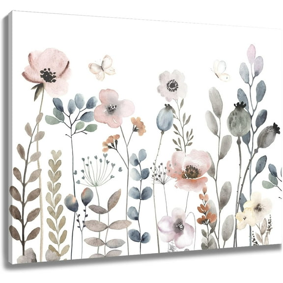 Watercolor Pink Floral Canvas Wall Art Rustic Flower Plant Botanical and Butterfly Wall Art for Living Room,Colorful Wildflower Framed Wall Art Bedroom Bathroom Wall Decor,12L x 16W inches