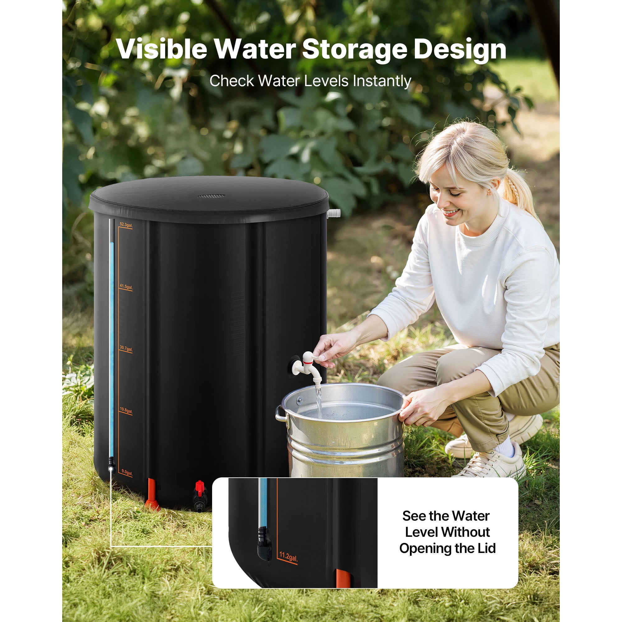 KFFKFF Collapsible Rain Barrel, 53 Gallon Portable Rainwater Collection System, Durable 1000D PVC Garden Water Storage Tank with Spigot and Overflow Kit, Black