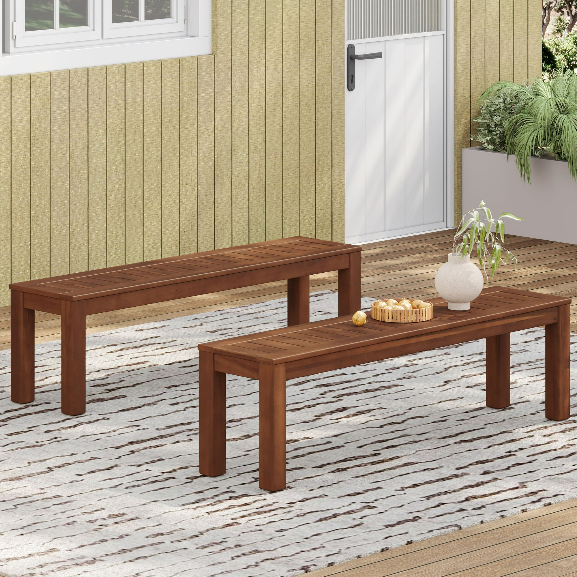 Patio Dining Bench Set of Solid Acacia Wood Outdoor Indoor
