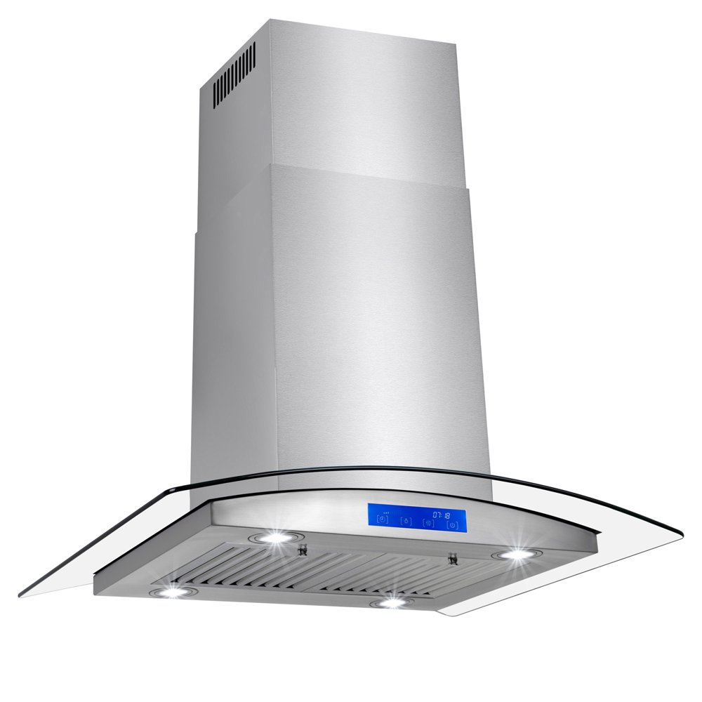 AKDY 30" Stainless Steel Island Mount Range Hood with Tempered Glass