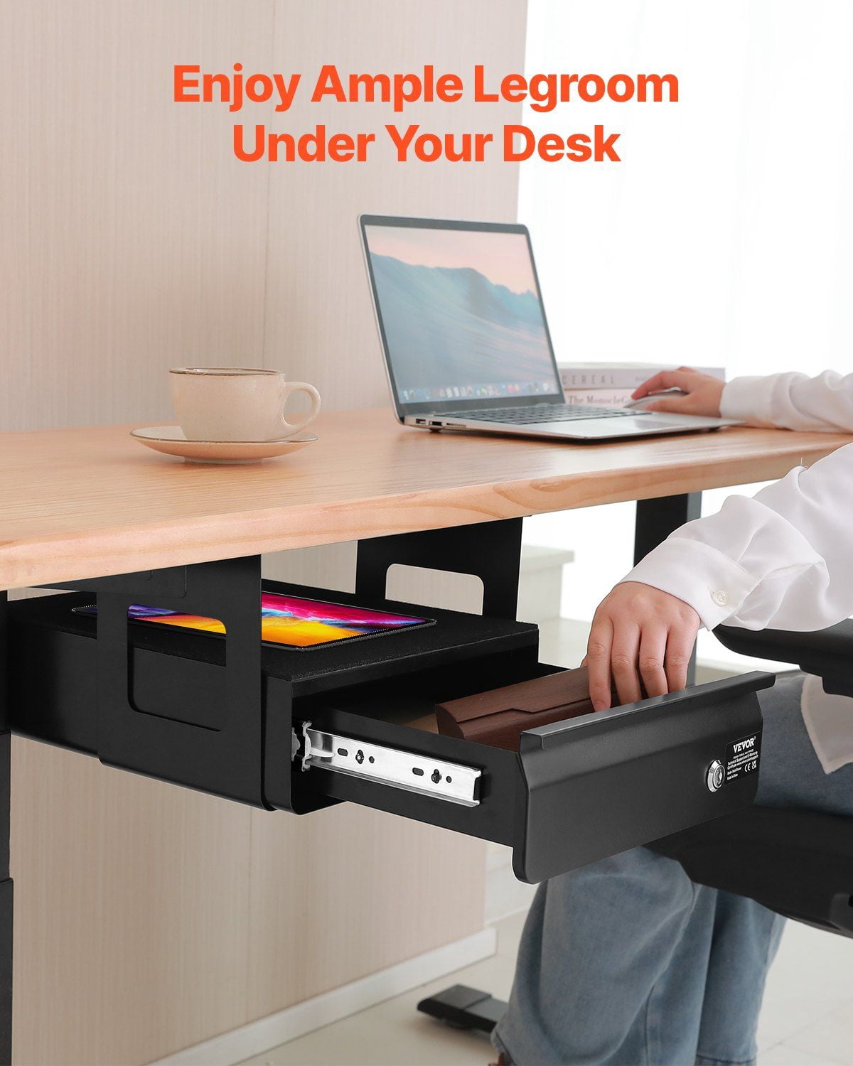 Under Desk Drawer Organizer with Lock, 13" Slide-out Storage Tray for Workspace
