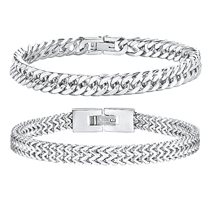 VNOX Men's Stainless Steel Bracelets - Tank Chain / 2 Pieces, Silver Black Gold Men's Bracelets for Men & Boys, Cuban Link Bracelet, 8mm Width, 19cmLength, Gifts for Husband Dad Son Brother