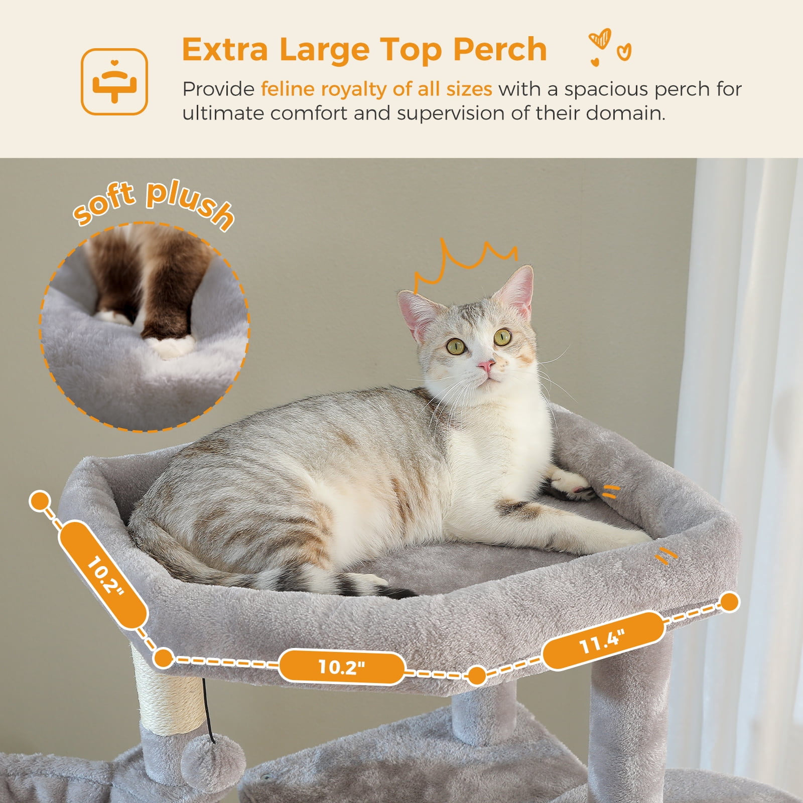 Pefilos 70" Tall Cat Tree Tower with Hammock, 5 Scratching Posts, 2 Condos and a Large Top Perches for Large Cats, Gray