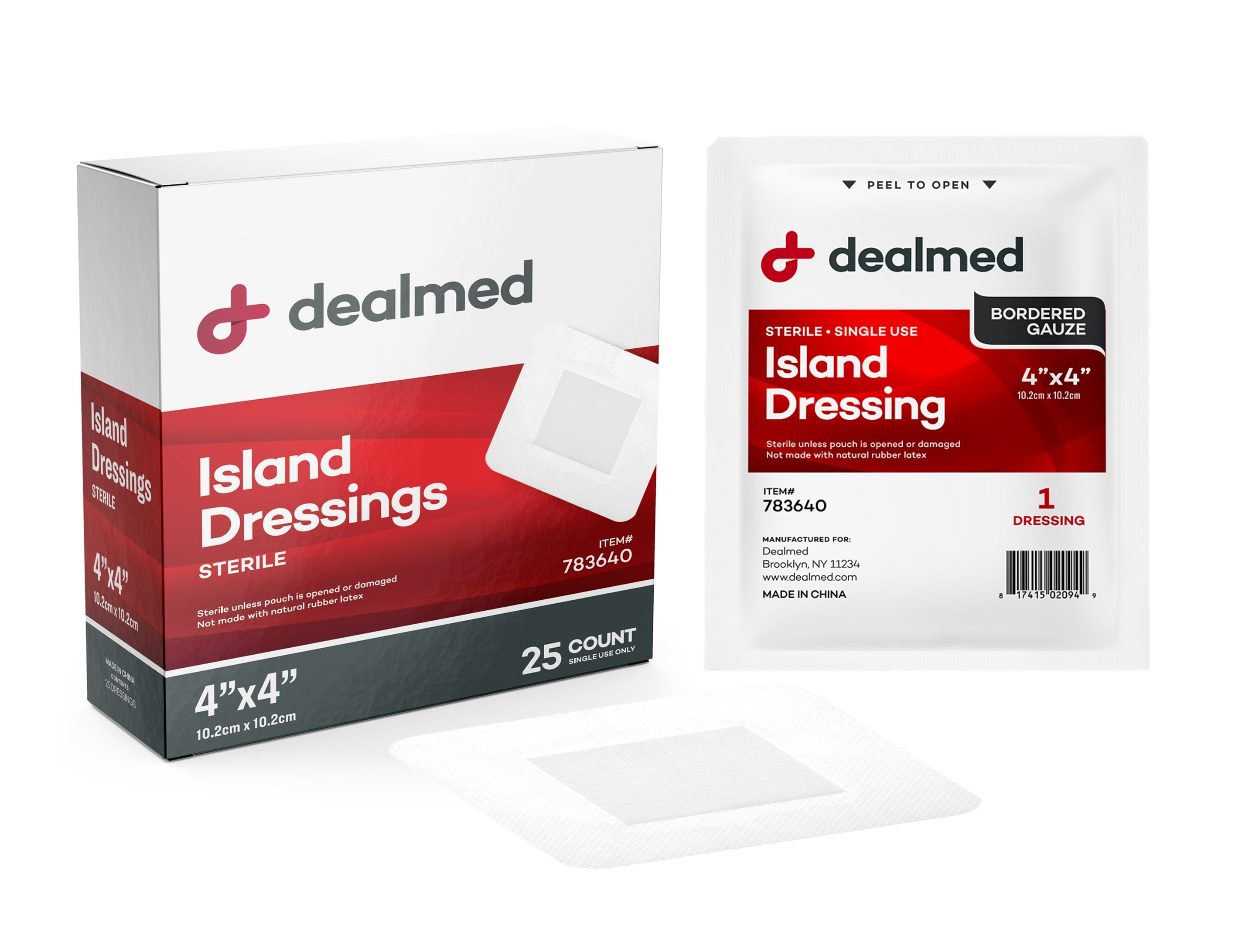 Dealmed Bordered Gauze Island Dressing, Sterile, Individually Wrapped with Adhesive Borders and Non-Stick Pad, 4" x 4", 25/Box (Pack of 6)