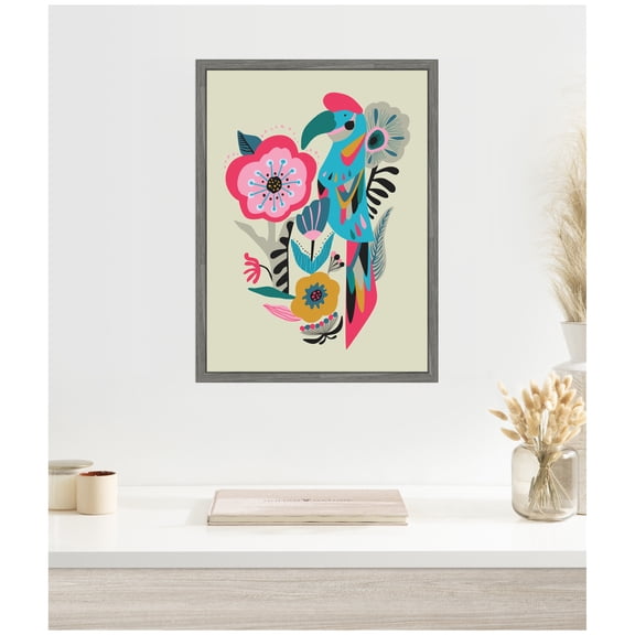 Kate and Laurel Bright Teal and Pink Floral and Parrot Framed Canvas Wall Art  by Rachel Lee 18 x 24 Sylvie Greywash, Modern Contemporary, Abstract, Animals, Flowers Art for Wall Decor, Living Room