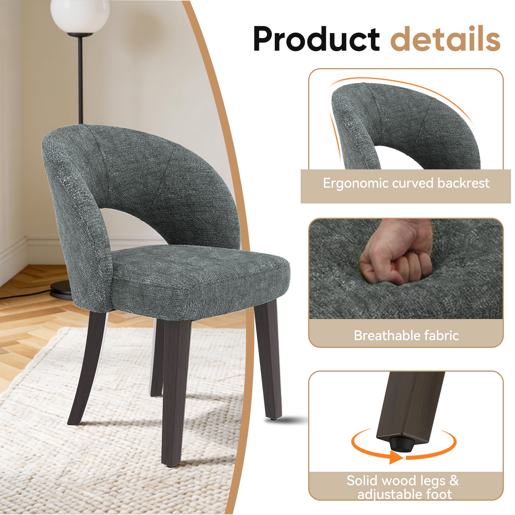 MOONNISS Upholstered Dining Chairs Set of 4, Mid Century Modern Dining Chairs with Solid Wood Legs, Curved Back Kitchen Chairs, Farmhouse Side Chairs for Dining Room,Gray