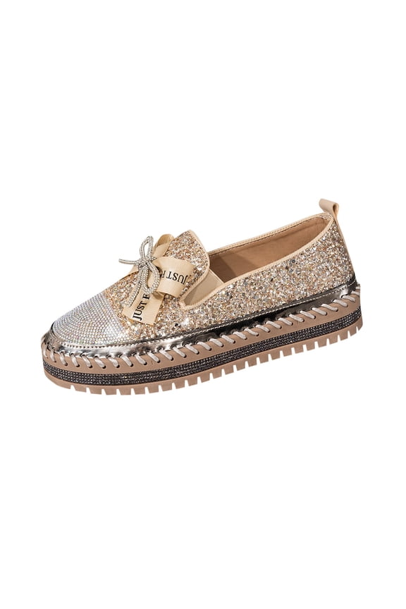 Women's Rhinestones Glitter Platform Slip on Sneakers Casual Cute Bowknot Shiny Walking Shoes Non-Slip Comfortable Dress Flat Loafers Gold 8.5(41)