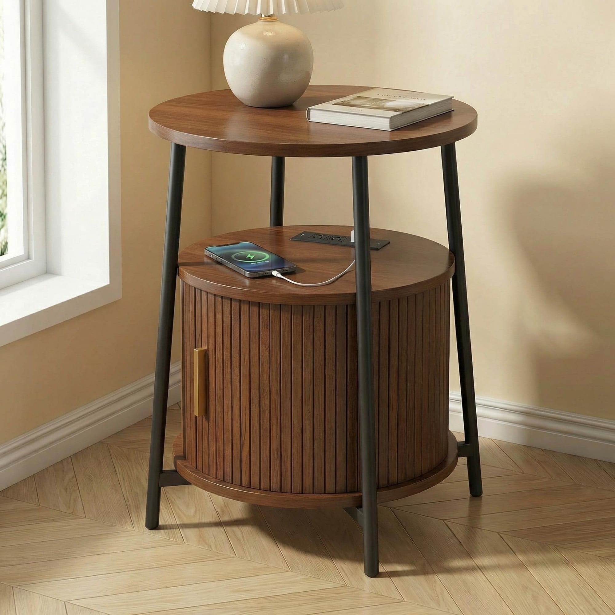 Round End Table with Charging Station, Fluted Side Table with Sliding Door, Mid Century Modern Nightstand for Bedroom & Living Room, Walnut