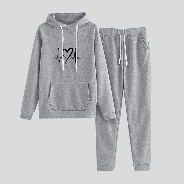 DPTALR Women's Casual Printed Hooded Drawstring Loose Long Sleeve Sweatshirt Tops And Long Pants Set Suits