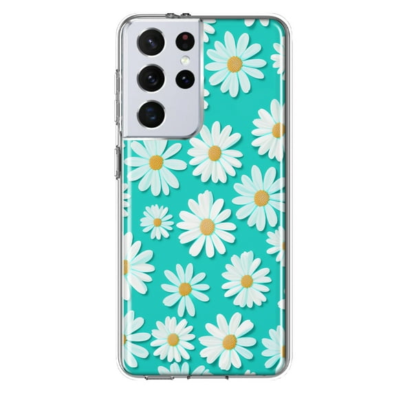 MUNDAZE Samsung Galaxy S21 Ultra Turquoise Teal White Daisies Cute Daisy Polka Dots Double Layer Phone Case Cover