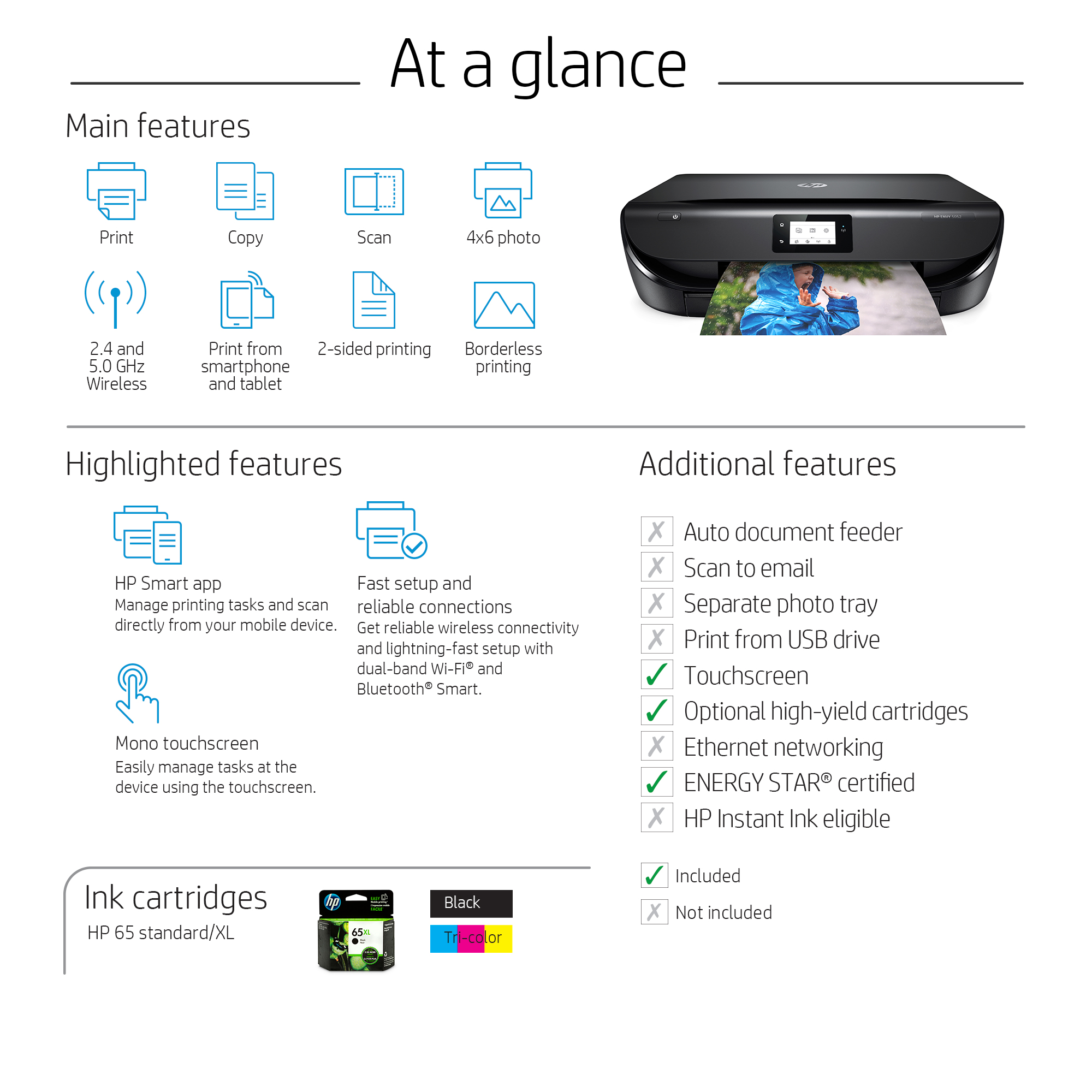 Hp Envy 5052 All-In-One Wireless Color Inkjet Printer (M2U92A) Dual Band Wifi Borderless Photos, Auto 2-Sided Printing, Black - image 3 of 9