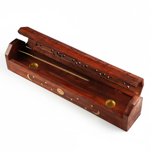 Wooden Coffin Incense Burner 12" – Handcrafted Sun & Moon Brass Inlay Incense Holder, Ash Catcher for Sticks & Cones, Sheesham Wood – Meditation, Yoga, Relaxation, Home Cleansing & Spiritual Gifts