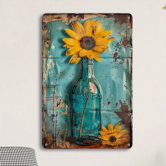 Vintage Tin Metal Sunflower Wall Art Sign, Rustic Summer Decor, 12 x 8 Inch