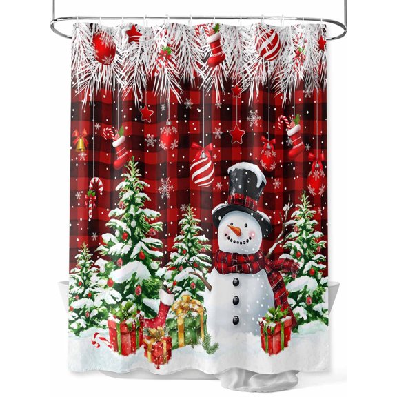 Christmas Snowman Shower Curtain Set ,Waterproof Fabric Shower Curtains Xmas Tree Socks Ball Winter Red Plaid Shower Curtains for Bathroom,Bathroom Decor 36"x72"
