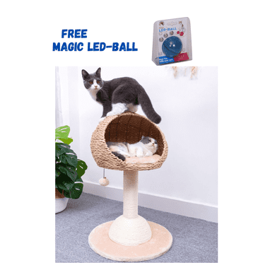 Petpals 29"High 2-Lvl Handwoven Paper Rope Hoodie Cat Basket Bed with Sisal Scratching Post, Beige