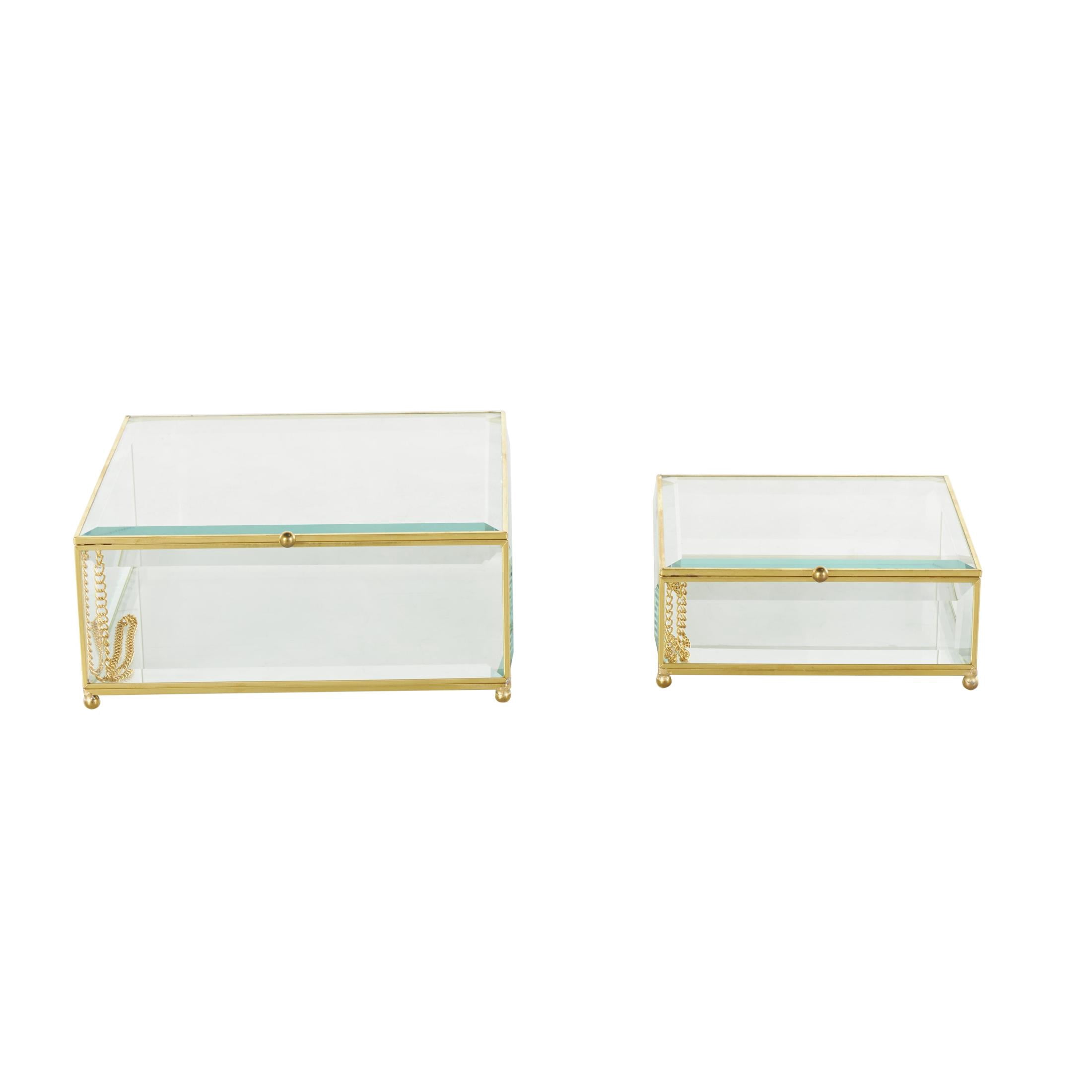 DecMode Beveled Clear Glass Decorative Jewelry Box with Gold Metal Frame and Chain Accent, Set of 2