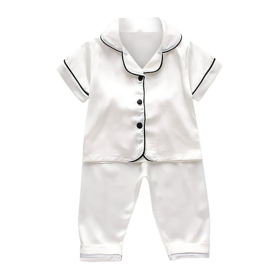 LUOGENLI Outfits Girl Rompers 0-3 Months Summer Toddler Kids Boys Girls Satin Button down Short Sleeve Shirt Tops and Long Pants Silk Pajamas Sleepwear Outfits Loungewear Set White 3-4 Years
