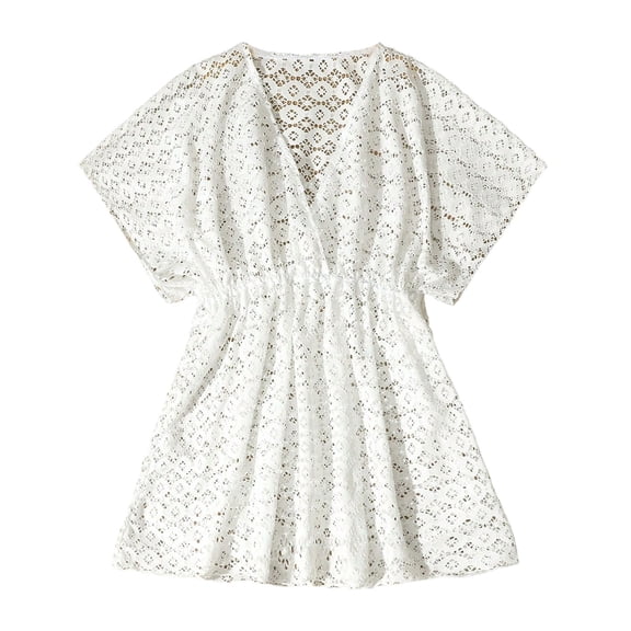 Ticikt Girl's Chiffon V Neck Short Sleeve Drawstring Beach Dress Cover Up Kimono for Youth Beach Pool,Color:White,11-12 Years