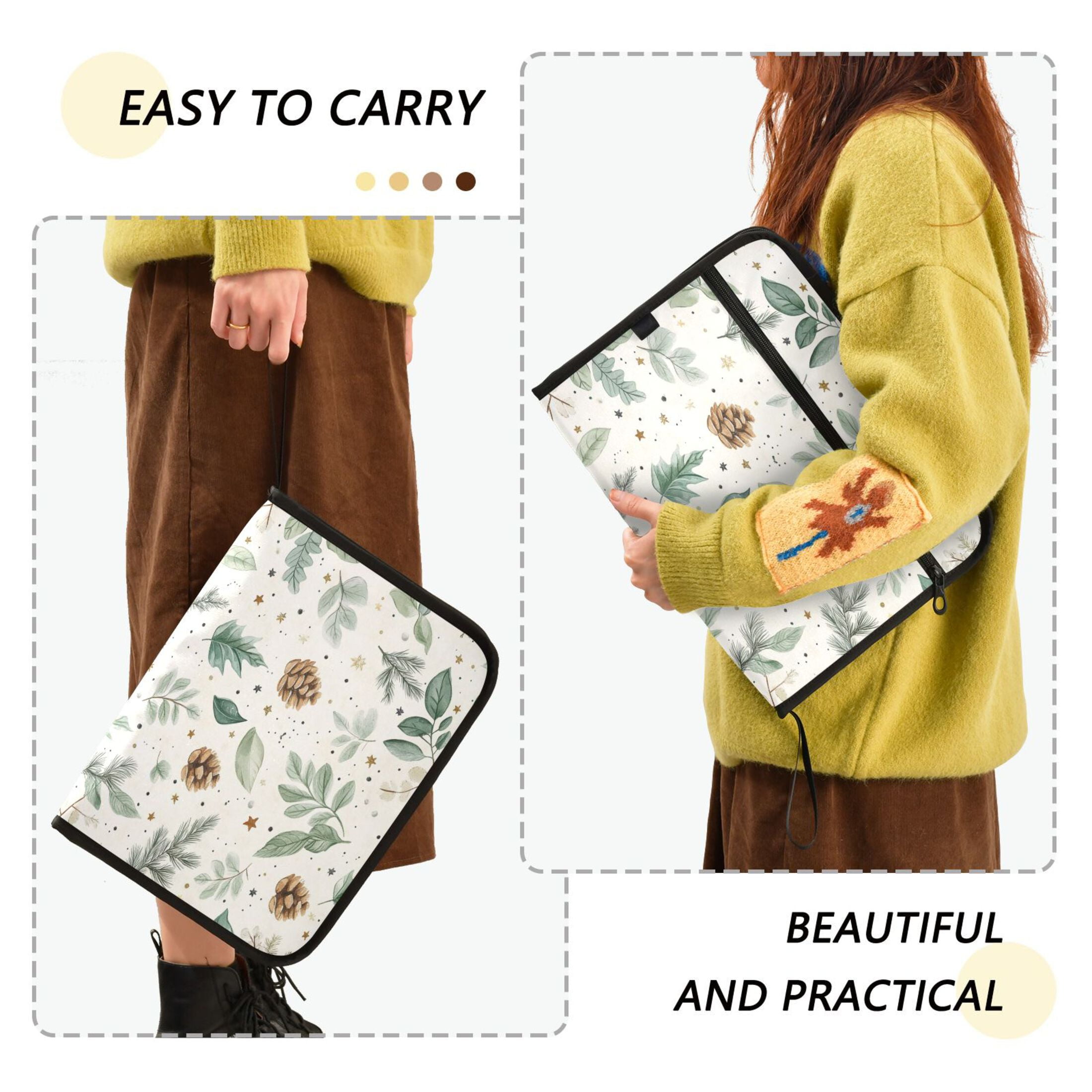 Accordion File Organizer with Zip Closure 13 Pockets Expanding File Folder Letter A4 Paper Document Organizer for Home Office Green Leaves and Pine Cones