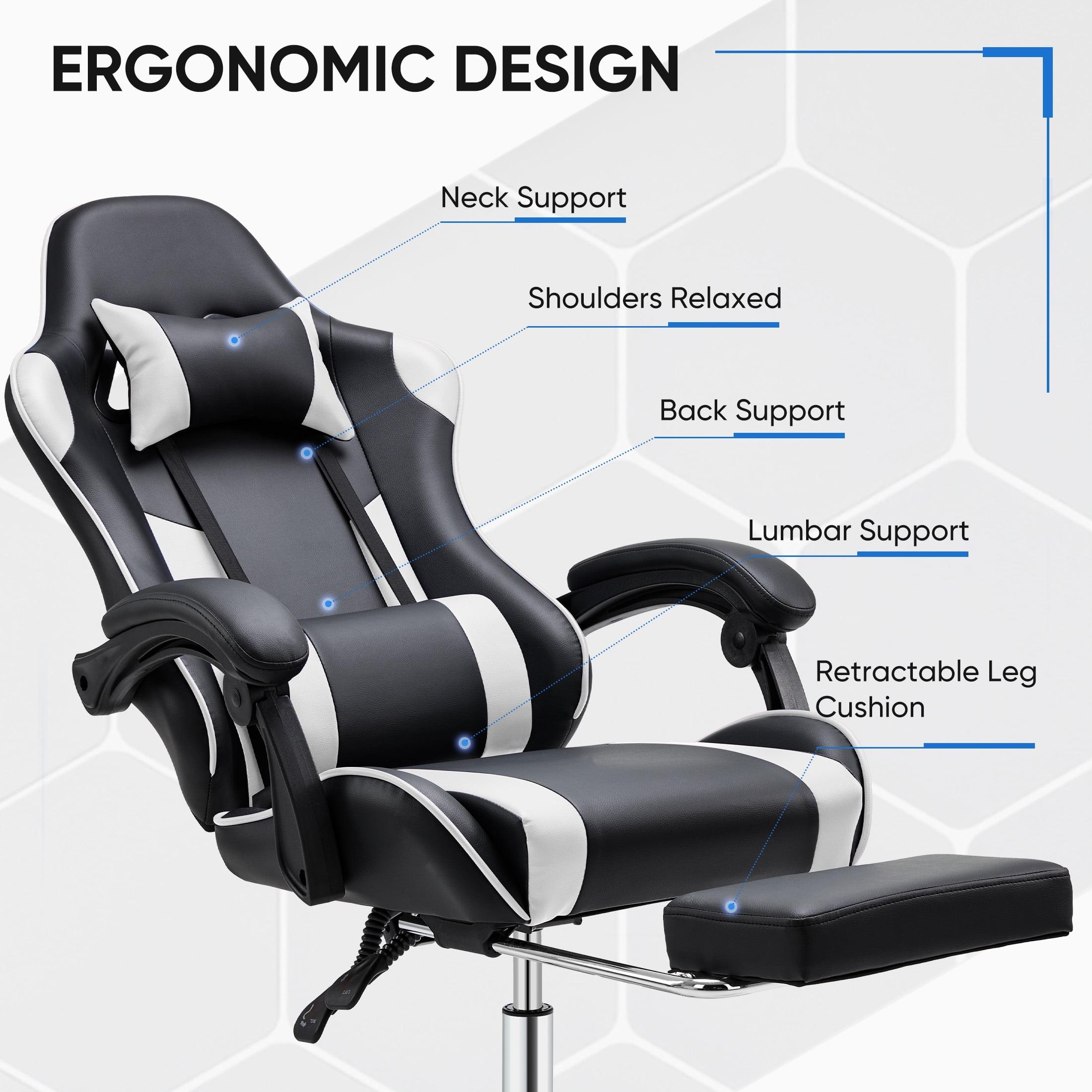 EDX Ergonomic Gaming Chair High Back Office Chair with Lumbar Support and Adjustable Armrests Swivel Racing Chair, Black and White