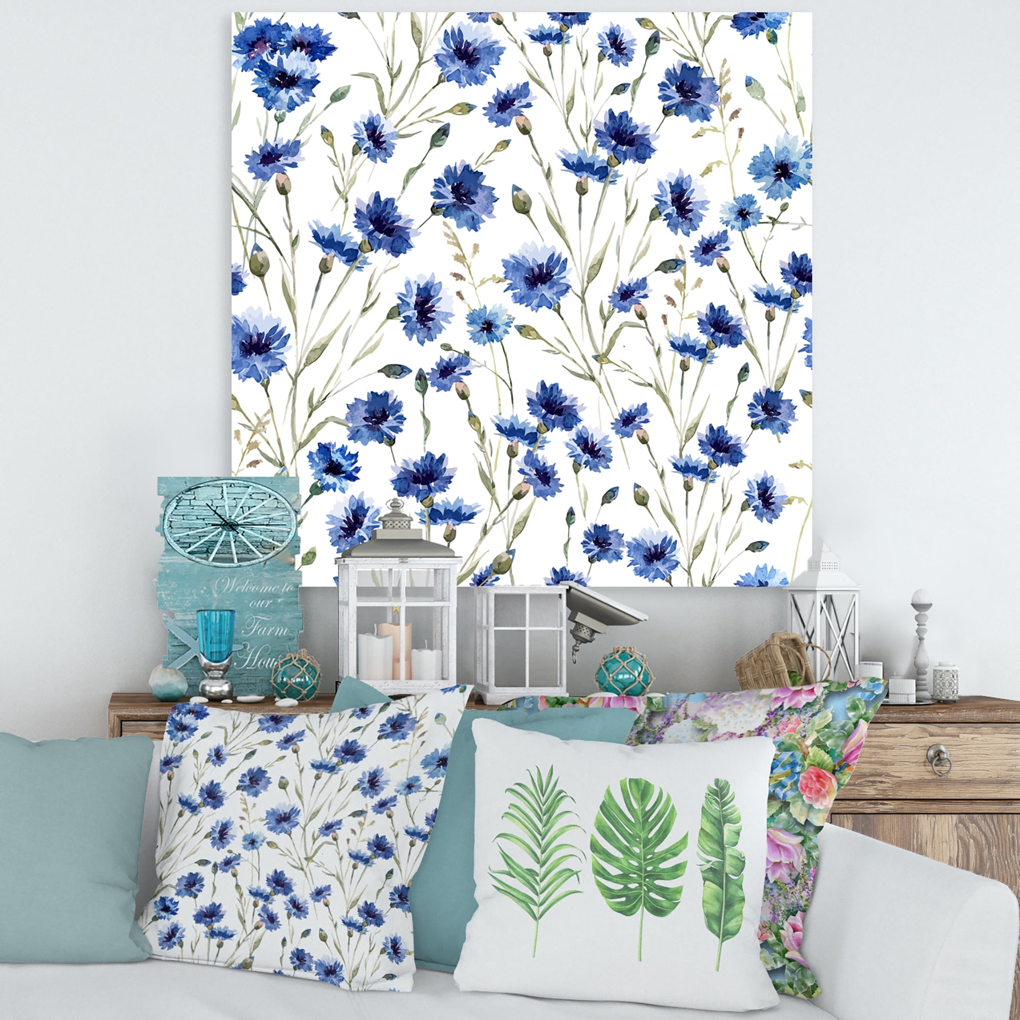 Blue Wildflowers With Green Leaves On White 30" x 30" Painting Canvas Art Print, by Designart