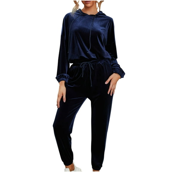 Lindreshi Womens Plus Size Pajama Sets Clearance Women's Casual Cutumn and Winter Solid Color Pullover Hooded Long Sleeve Shirt Trousers Suit