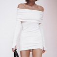 thumbnail image 4 of AherBiu Long Sleeve Dress for Women off Shoulder Basic Layer Black Dress Side Ruffle Slim Mini Dresses, 4 of 6